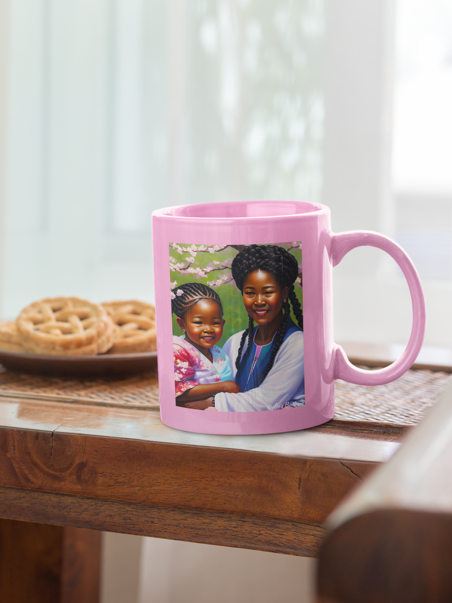 Beautiful Ceramic Custom Mug - Mother and Child in Cherry Blossoms