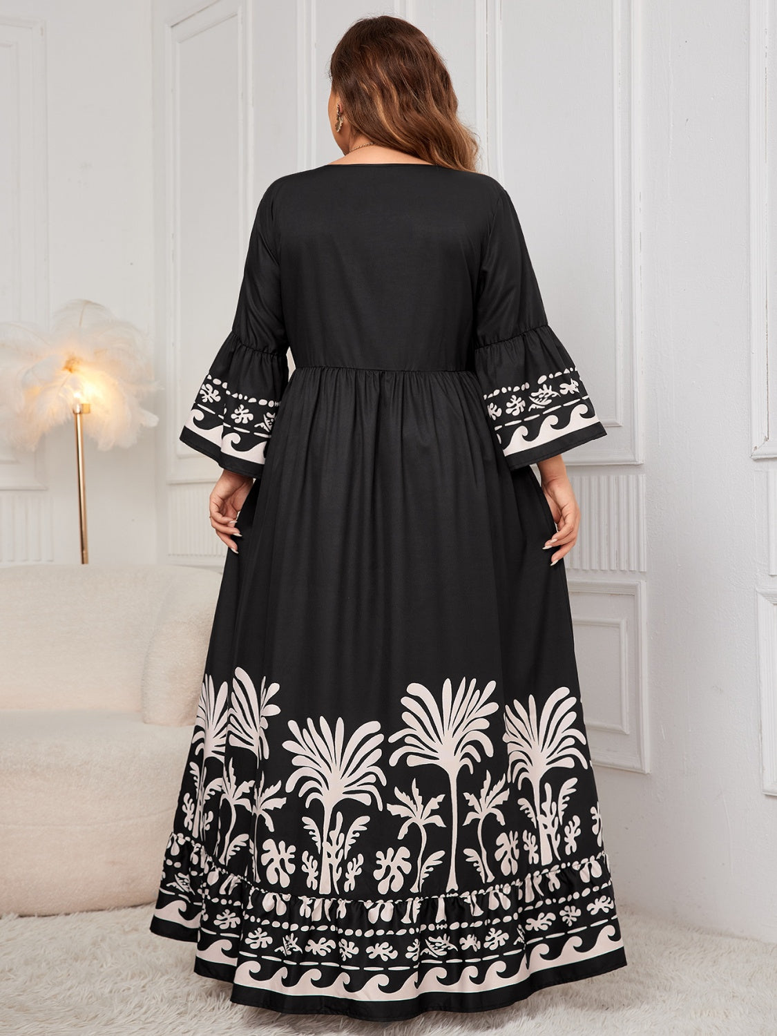 Plus Size Printed V-Neck Long Sleeve Maxi Dress