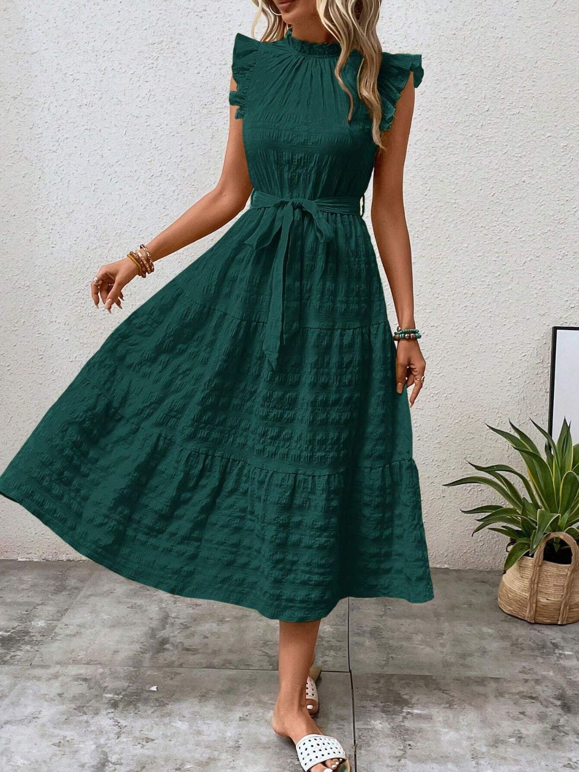 Tied Ruffled Cap Sleeve Midi Dress - 7 color choices