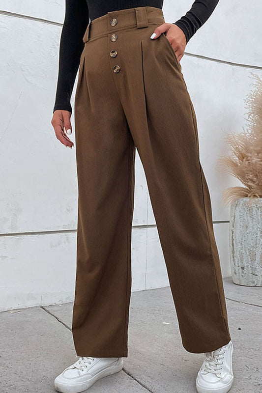Button-Fly Pleated Waist Wide Leg Pants with Pockets - Brown