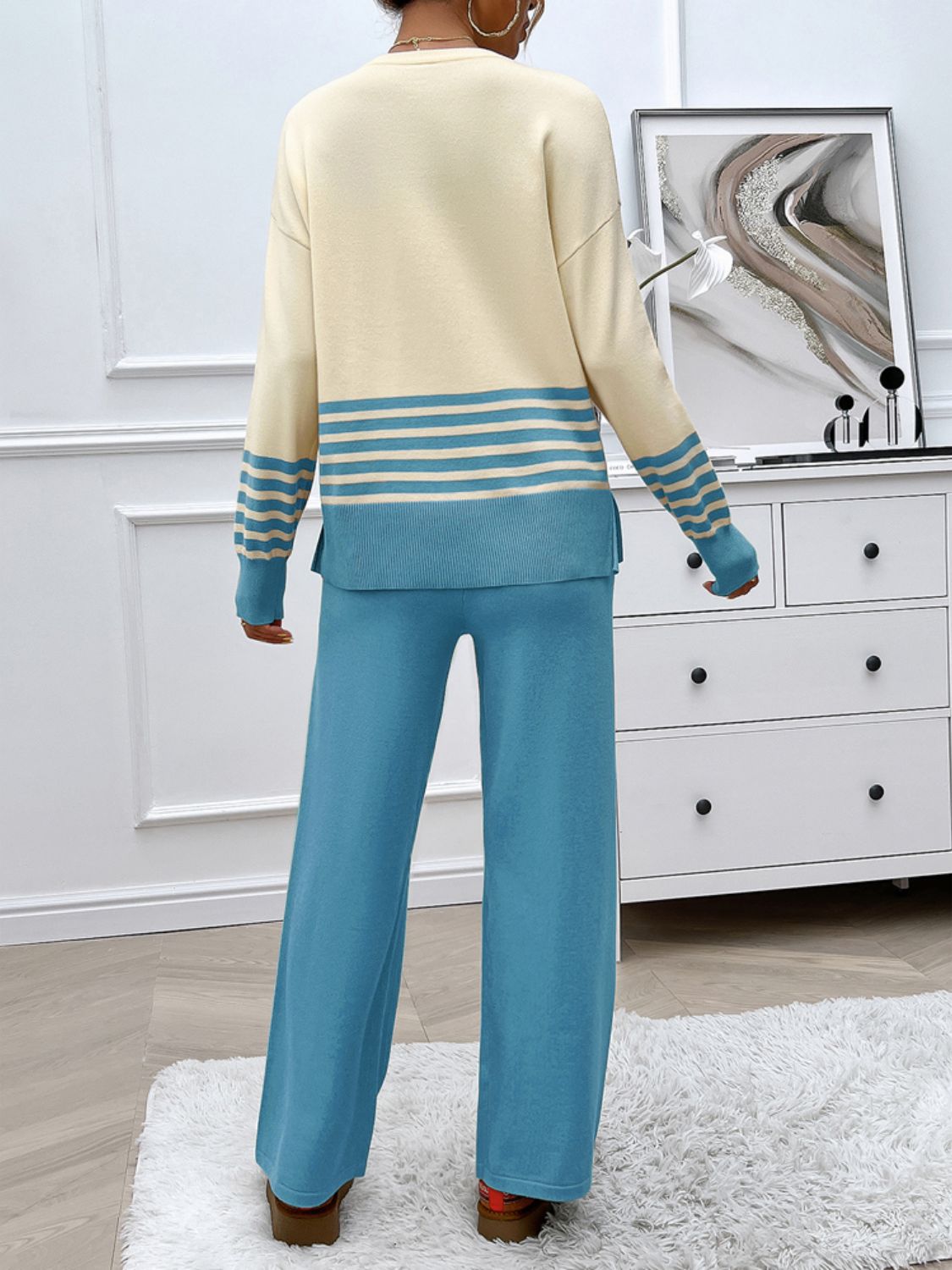 Devine Slit Striped Round Neck Top and Pants Sweater Set