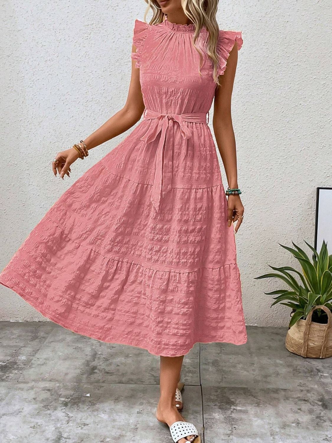 Tied Ruffled Cap Sleeve Midi Dress - 7 color choices