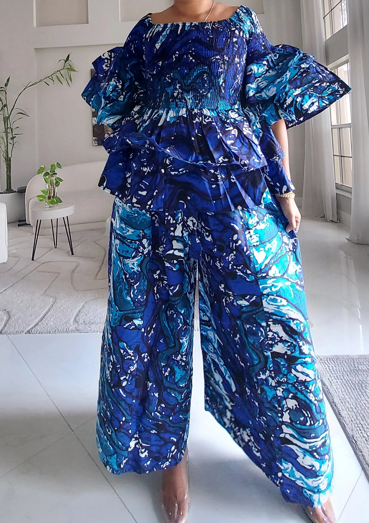5-Piece African Ankara Pant Set - Blue Marble 019-PS14B