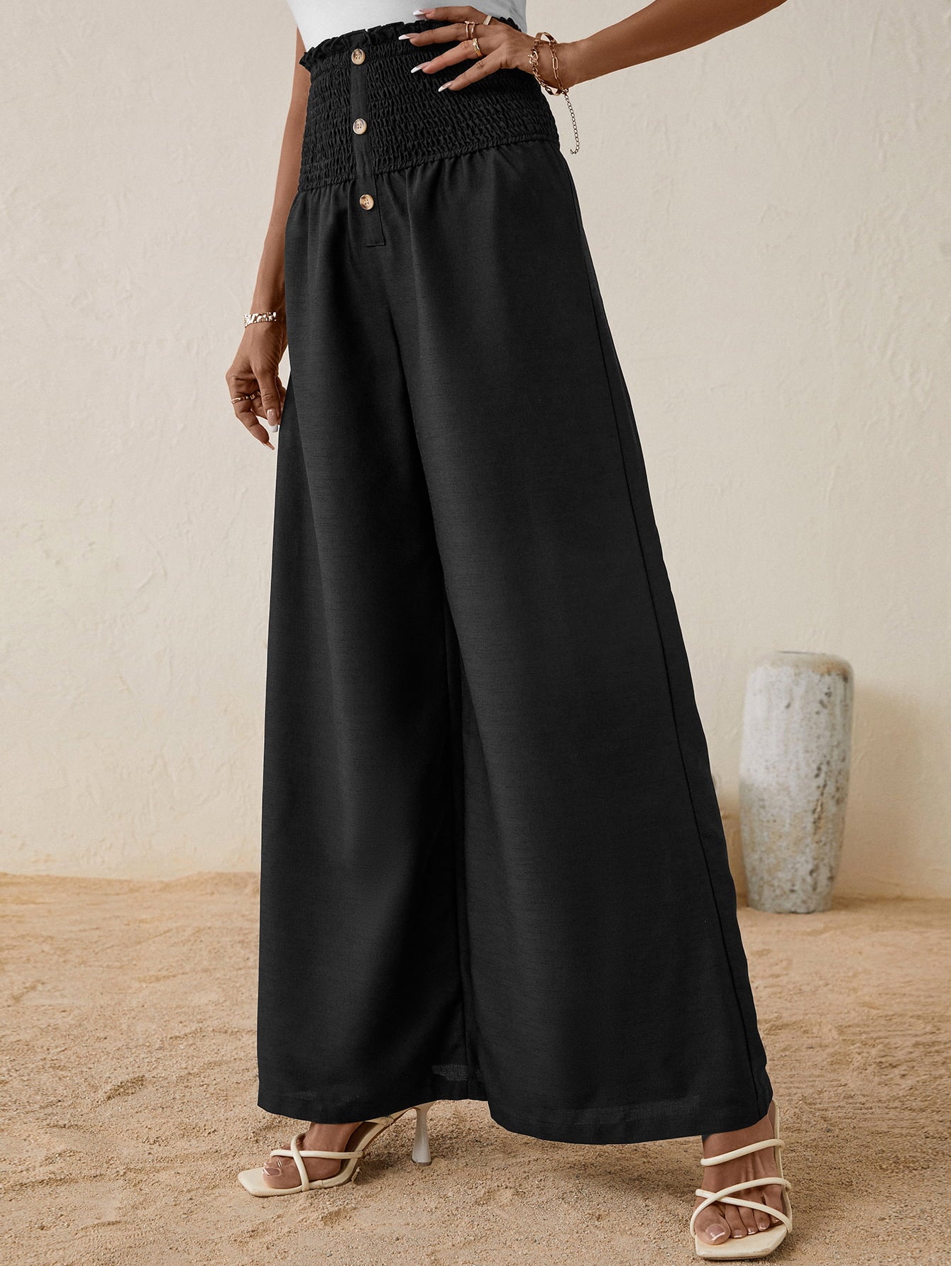 High Smocked Waist Buttoned Relax Fit Long Pants - Black