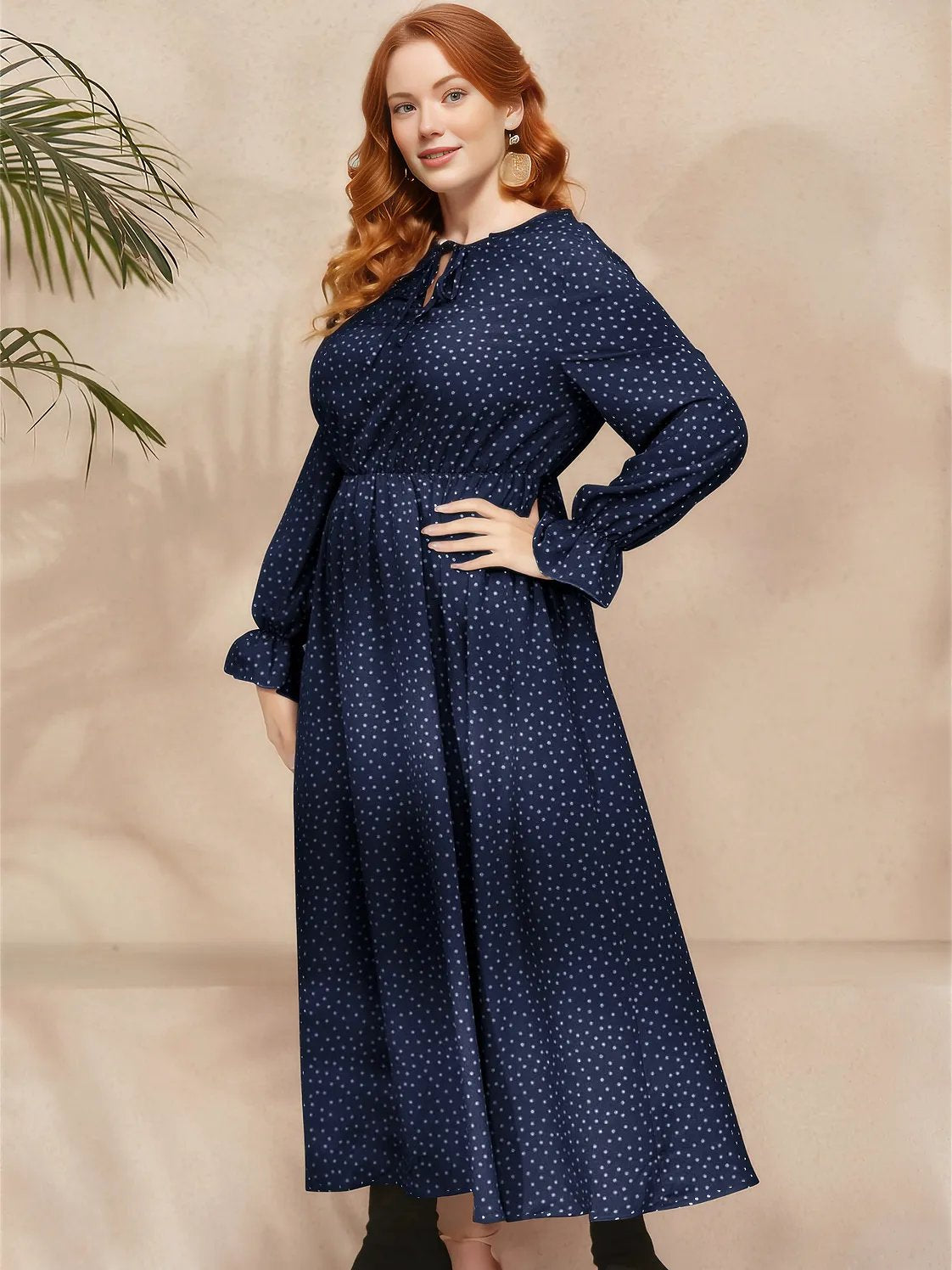 Plus Size Ruffled Polka Dot Long Sleeve Midi Dress - Three Color Choices