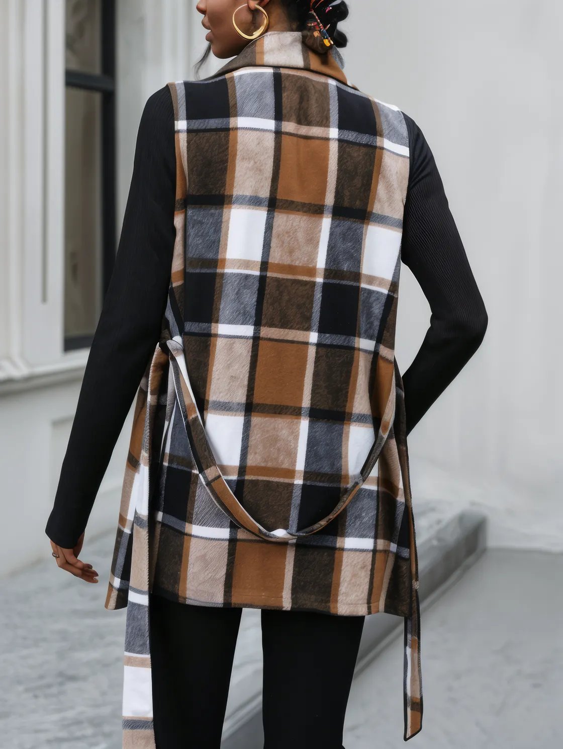 Tied Plaid Collared Neck Vest