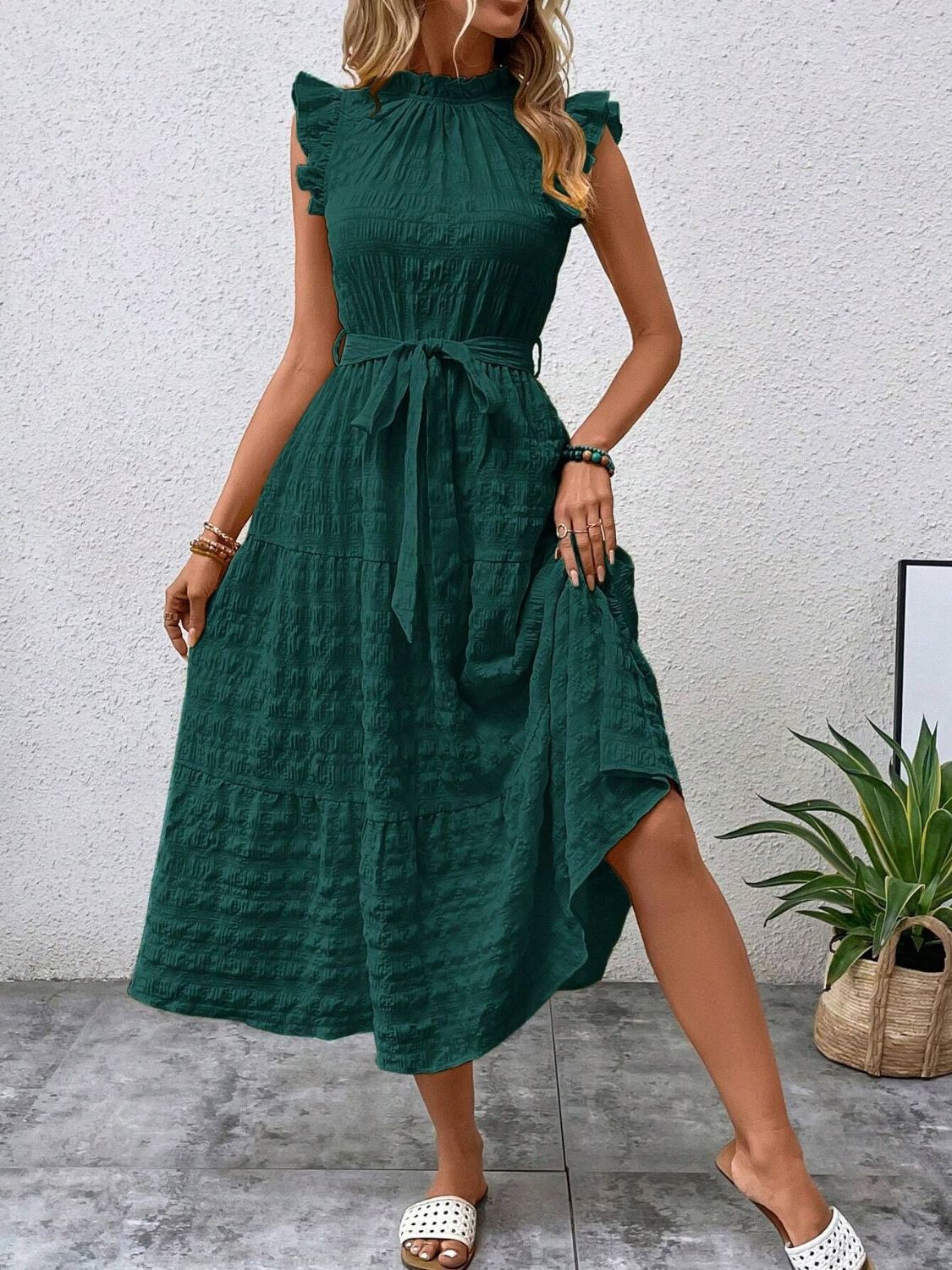 Tied Ruffled Cap Sleeve Midi Dress - 7 color choices