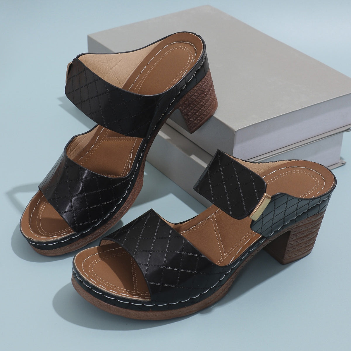 PU Leather Block Heel Sandals, Four Colors