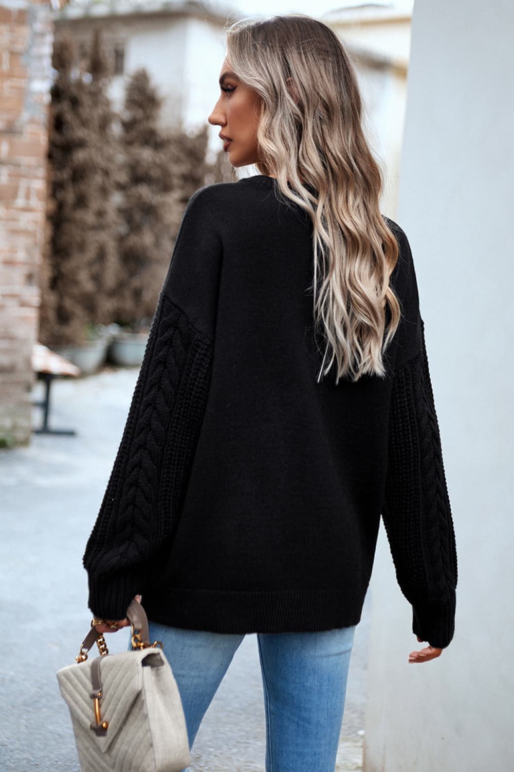 Devine Cable-Knit Round Neck Drop Shoulder Sweater