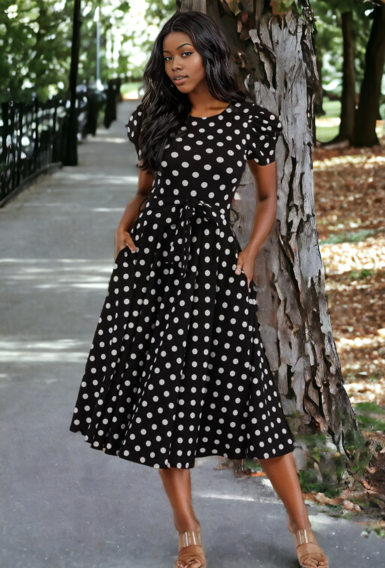 Puff Sleeve Polka Dot Cocktail Dress, Sizes 1X - 3X (Black)