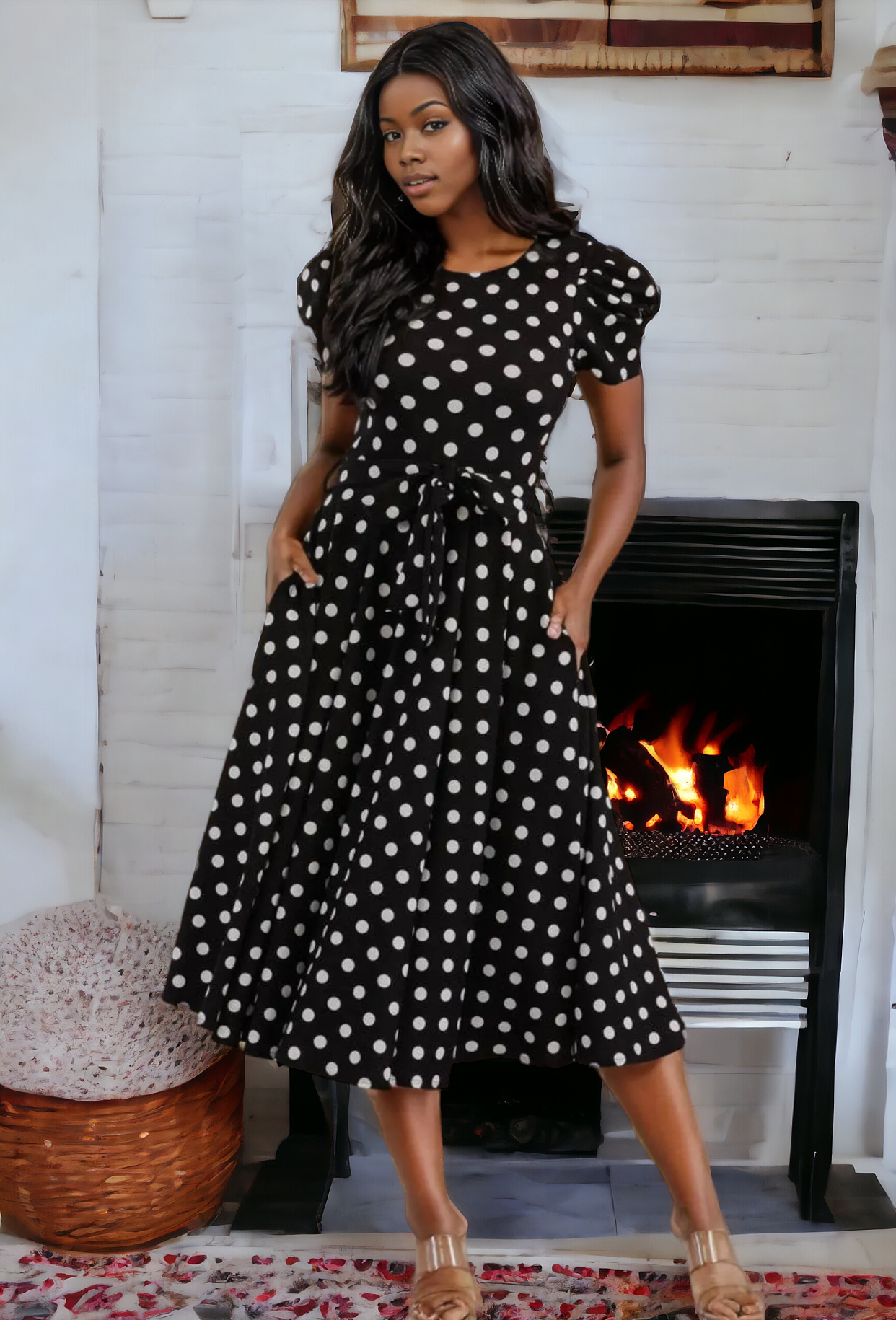 Puff Sleeve Polka Dot Cocktail Dress, Sizes 1X - 3X (Black)