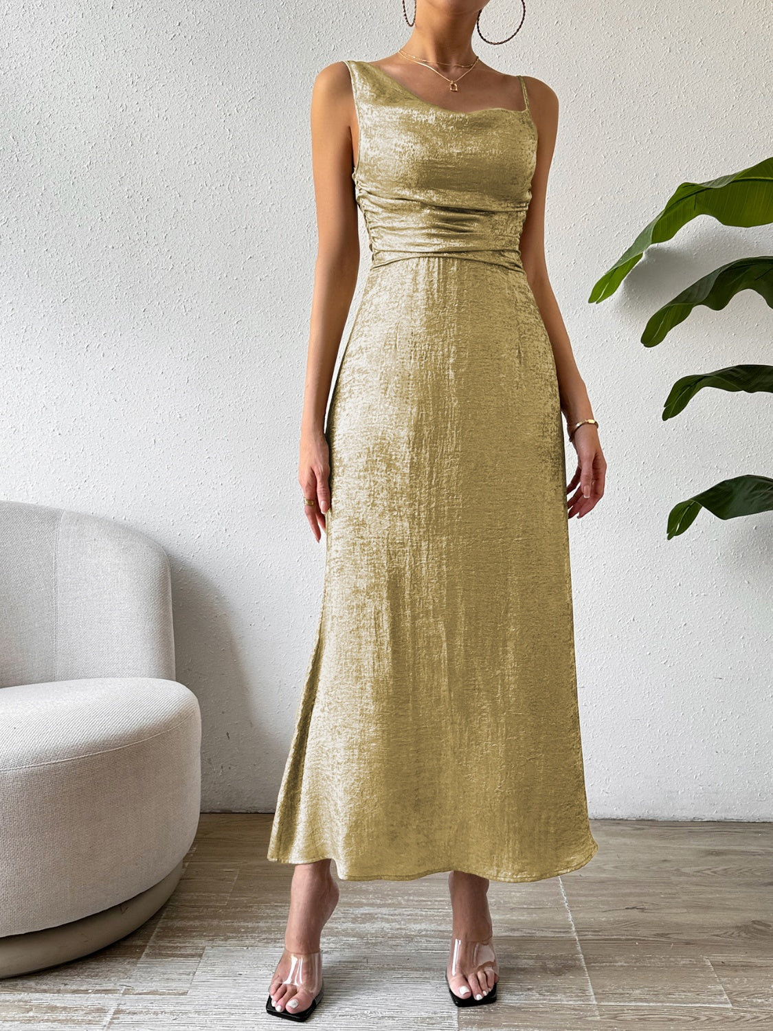 Honey Asymmetric Neck Sleeveless Midi Dress, Five Color Choices