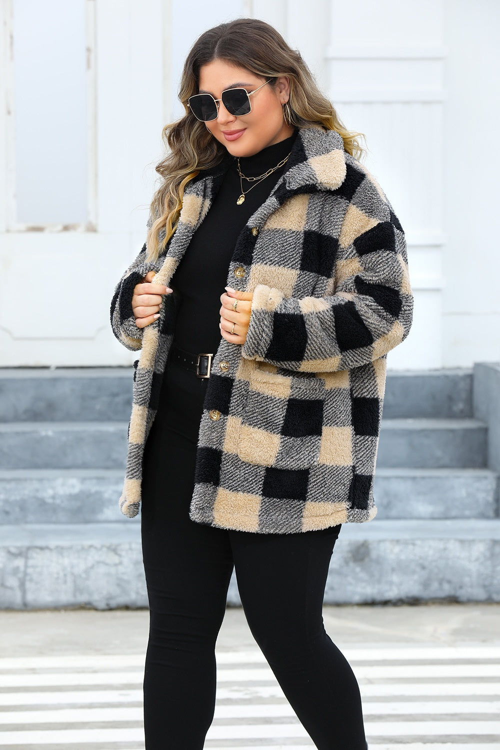 Plus Size Plaid Button Up Long Sleeve Coat