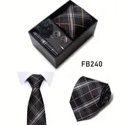 Men’s Silk Coordinated Tie Set w/Box - Black with brown white stripes (FB240)