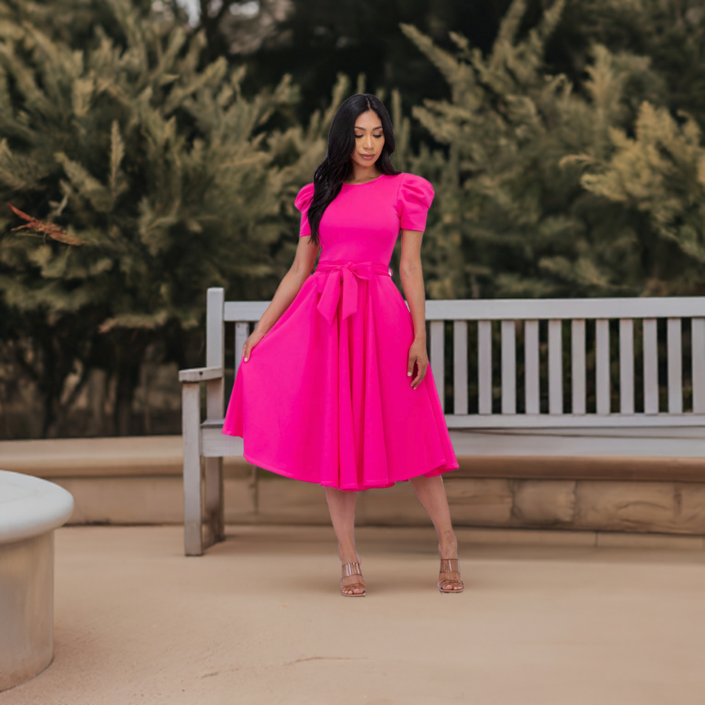 Puff Sleeve Cocktail Dress, Sizes 1X - 3X (Fuschia)