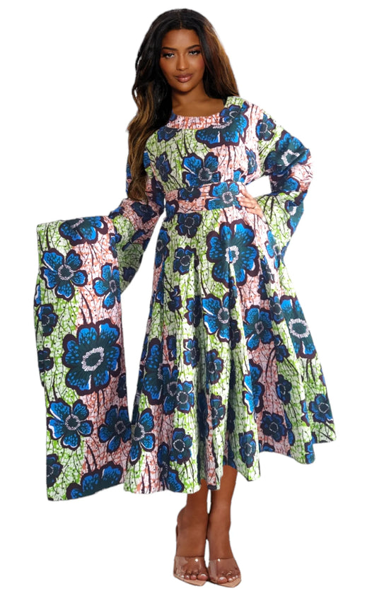 Long Bell Sleeve Panel Dress with Head Wrap (free size, green blue pink)