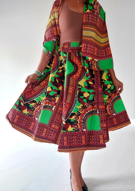 Women Mid Length Dashiki Print Skirt- Green with headwrap (free size)