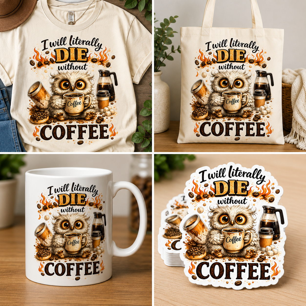 I Will Literally Die Without Coffee – Funny Owl Coffee PNG | Digital Download for DIY Crafts, Shirts, Mugs & More