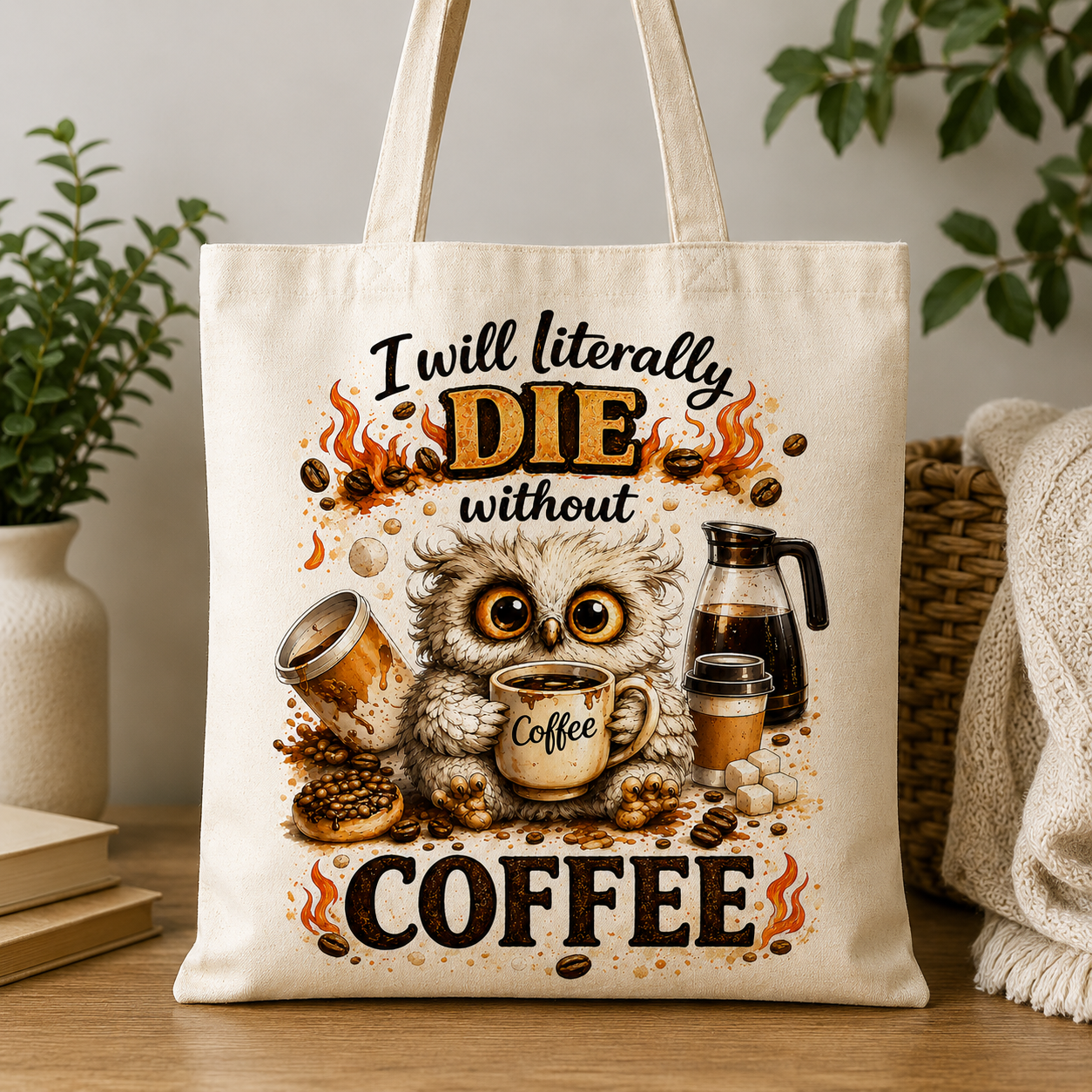 I Will Literally Die Without Coffee – Funny Owl Coffee PNG | Digital Download for DIY Crafts, Shirts, Mugs & More