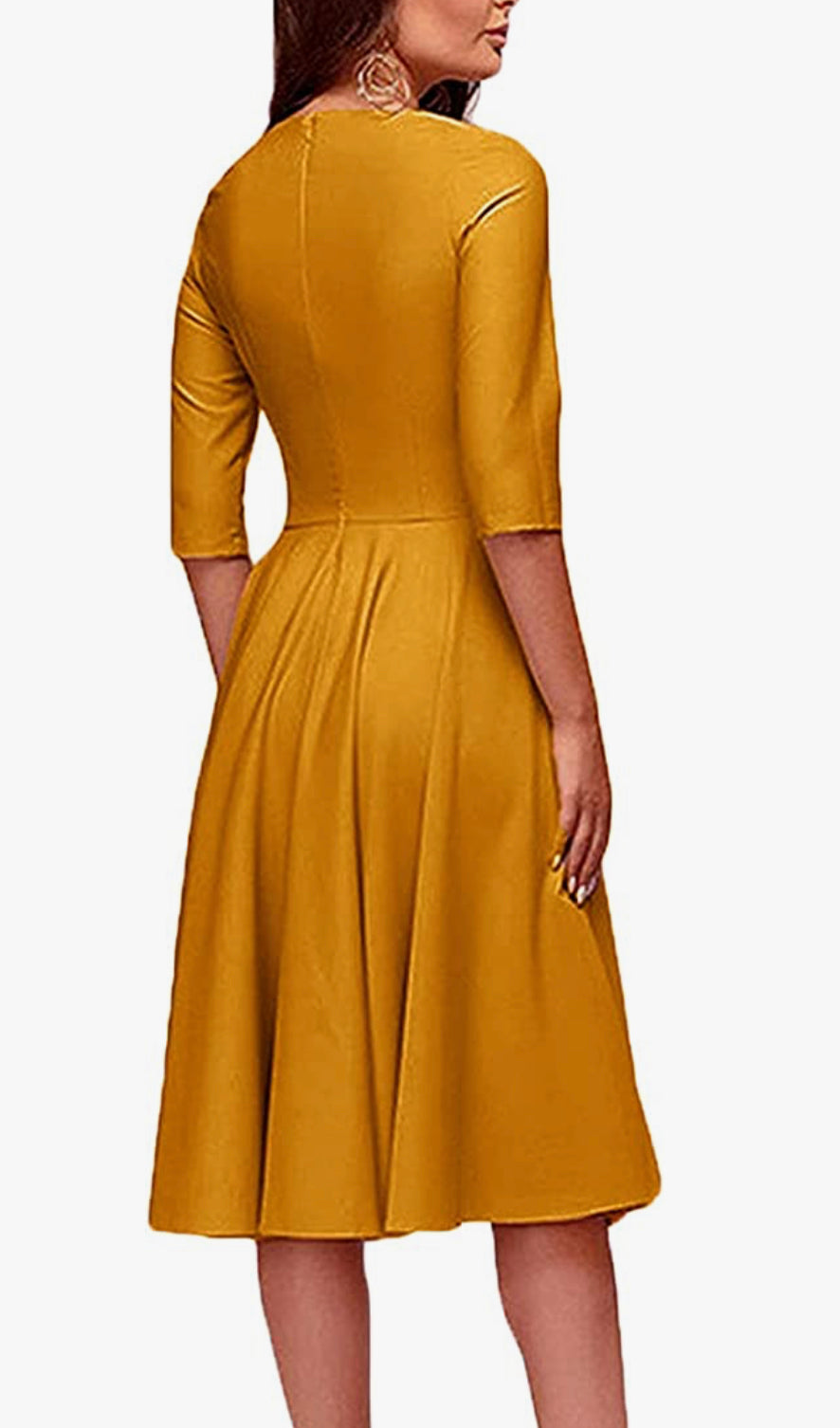 Elegant Audrey Hepburn Style Ruched 3/4 Sleeve Casual Swing A-line Dress (Yellow)