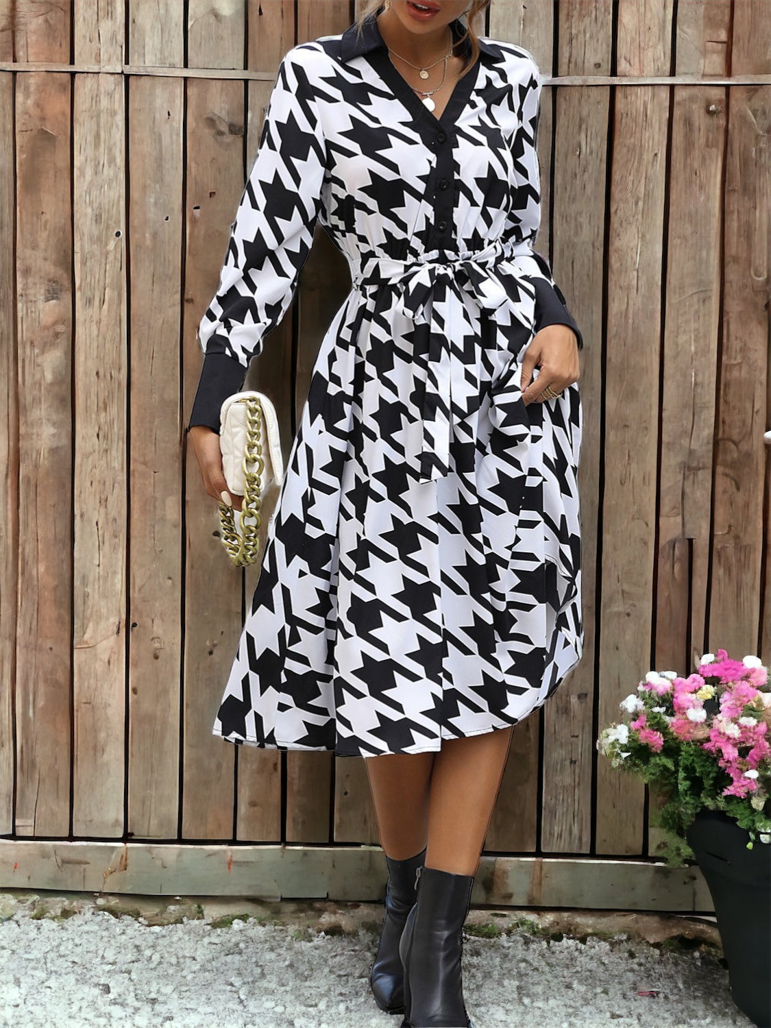 Houndstooth Johnny Collar Tie Waist Dress