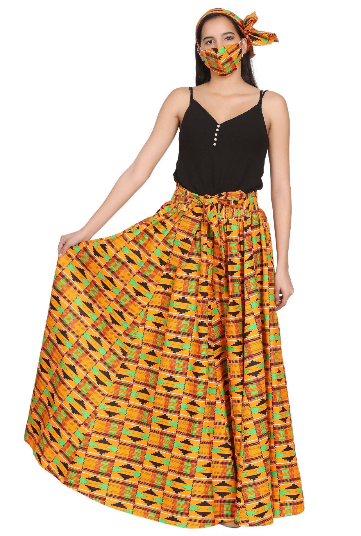 Hand Made African Print Full Skirt with Coordinating Head Wrap and Facemask (Orange, Green, Black)