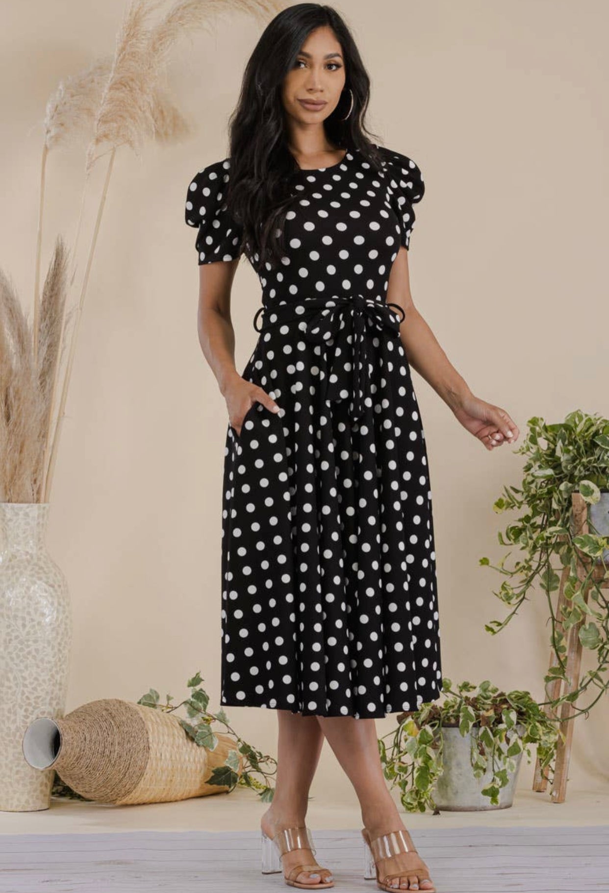 Puff Sleeve Polka Dot Cocktail Dress, Sizes 1X - 3X (Black)