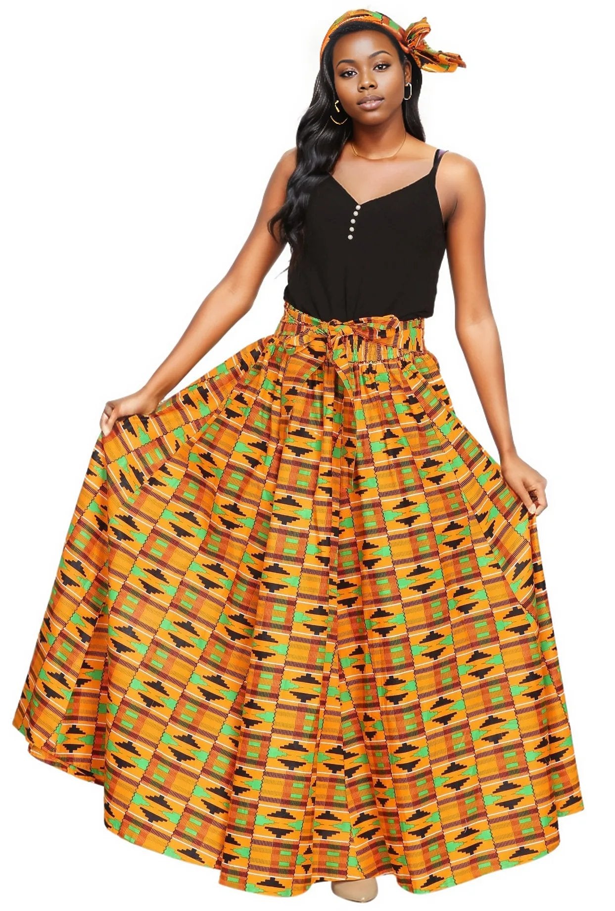 Hand Made African Print Full Skirt with Coordinating Head Wrap and Facemask (Orange, Green, Black)