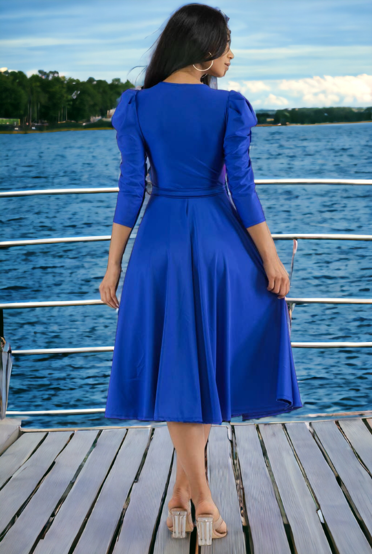 Puff Sleeve Cocktail Dress, Sizes 1X - 3X (Royal Blue)