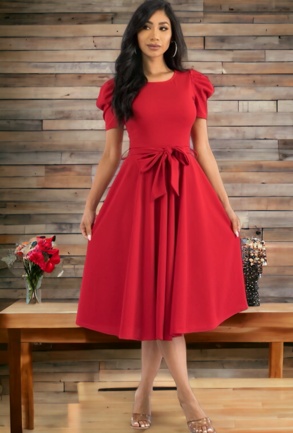 Puff Sleeve Cocktail Dress, Sizes 1X - 3X (Red)