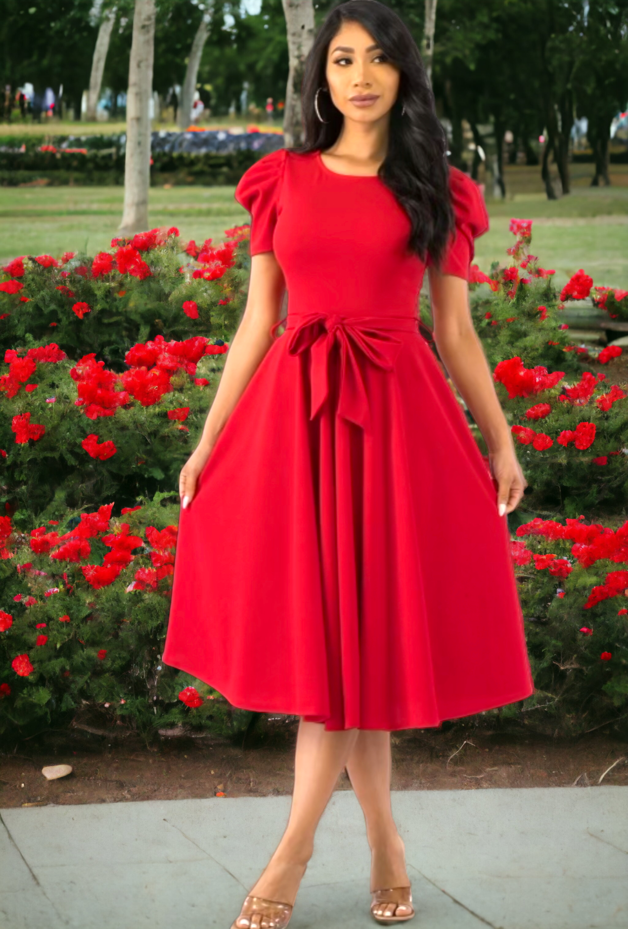Puff Sleeve Cocktail Dress, Sizes 1X - 3X (Red)