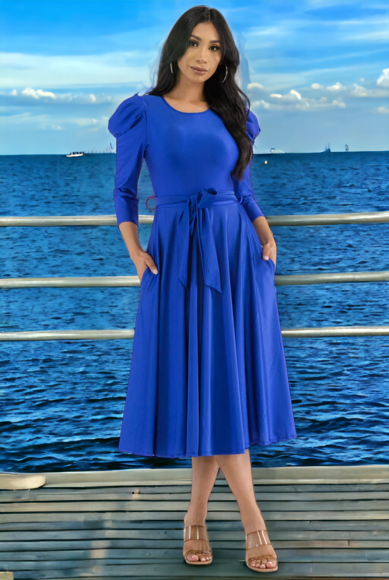 Puff Sleeve Cocktail Dress, Sizes 1X - 3X (Royal Blue)