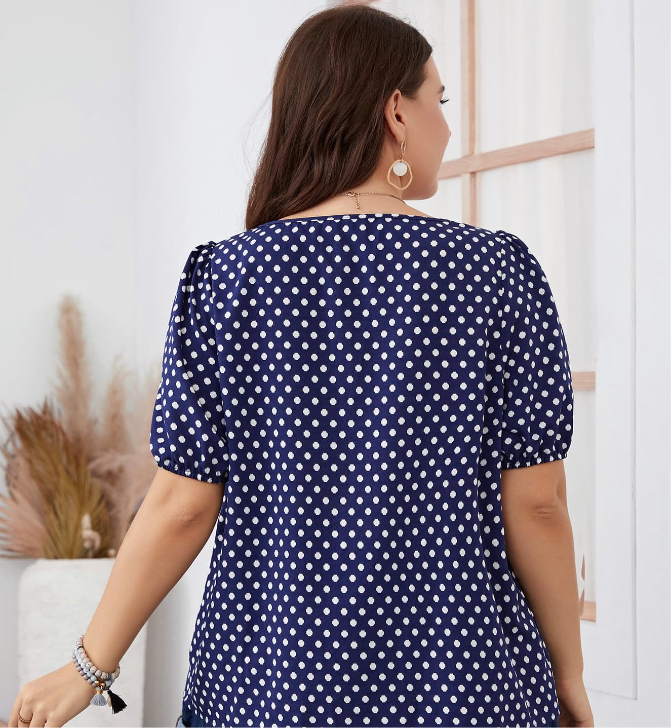 Plus Size Polka Dot Square Neck Blouse