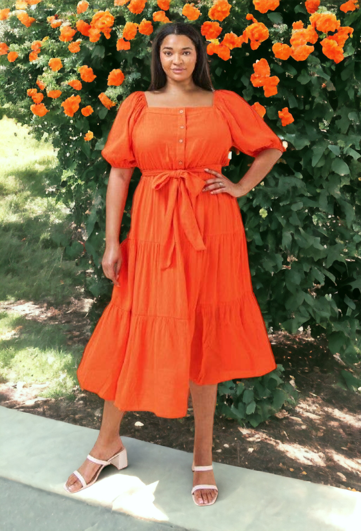 Solid Coral Midi Dress, Sizes 1X