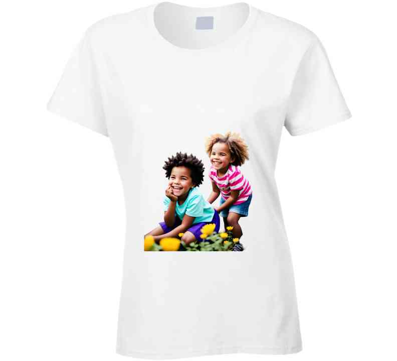 Sisters Playing In Flower Garden Ladies T Shirt