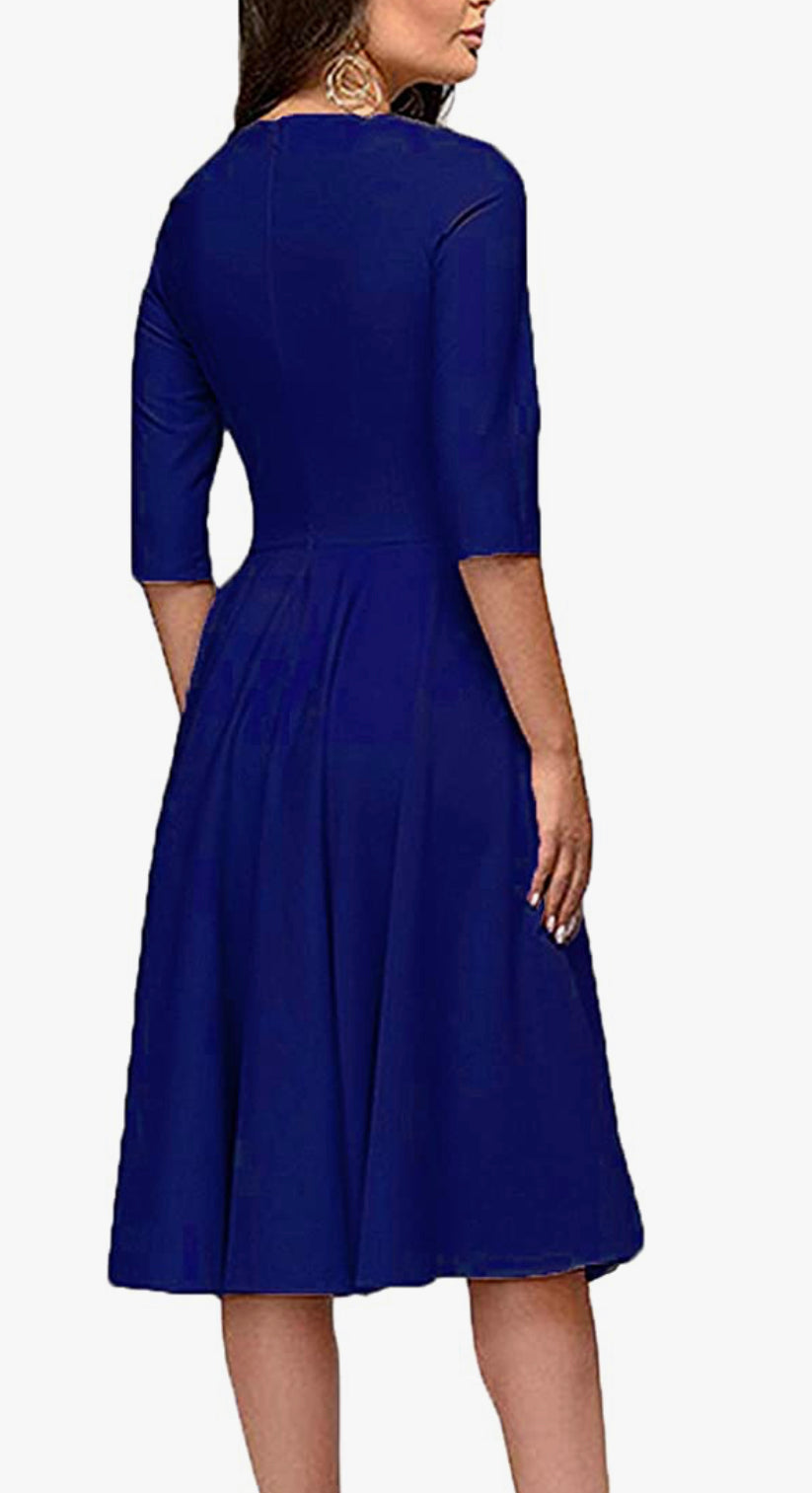 Elegant Audrey Hepburn Style Ruched 3/4 Sleeve Casual Swing A-line Dress (Royal Blue)