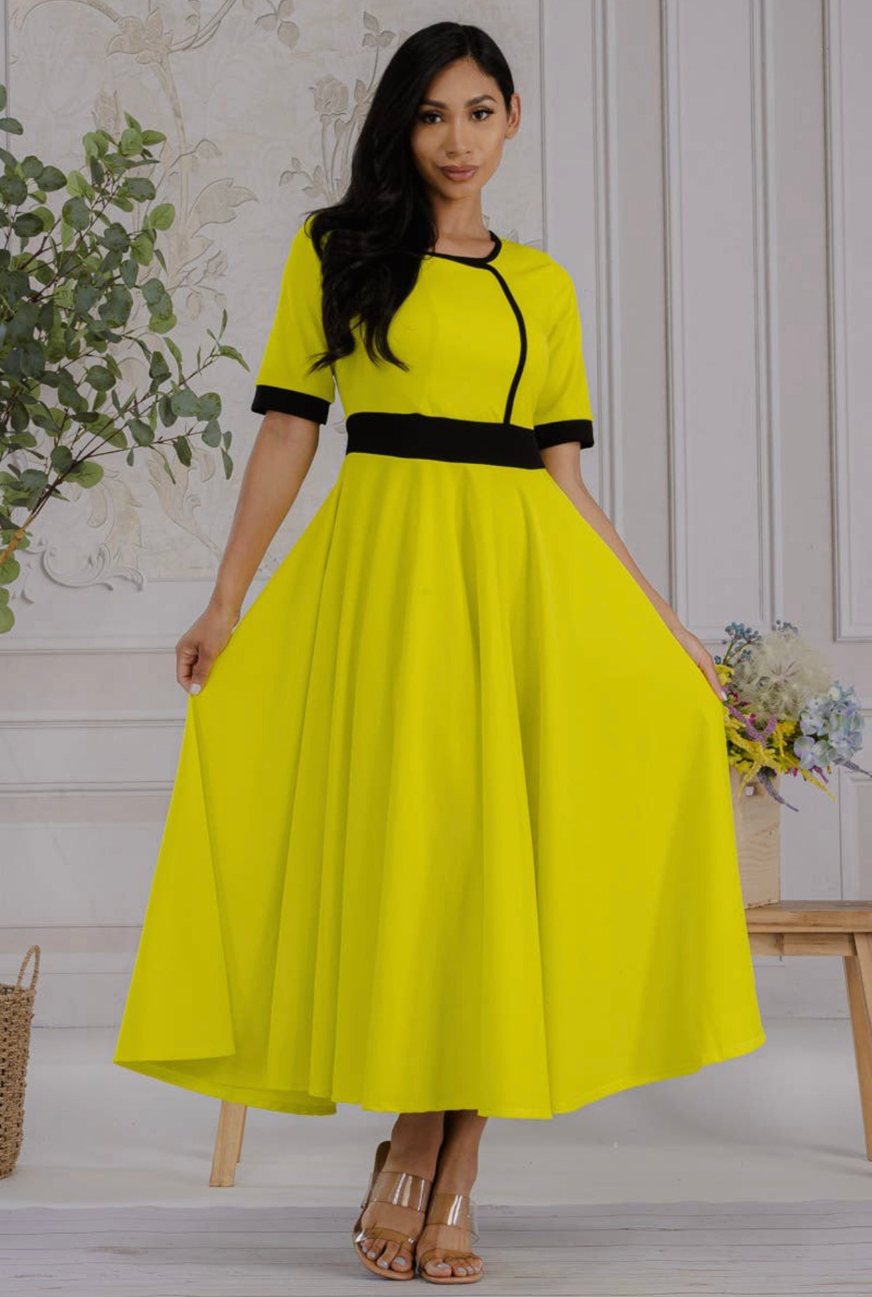 Chartreuse Contrast Trim Dress