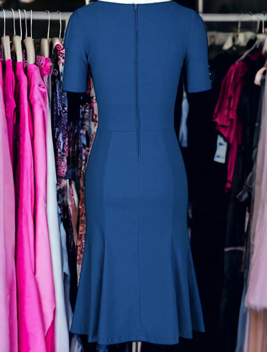 1950’s Style Short Sleeve Mermaid Dress, Sizes Small - 2XLarge (Navy Blue)