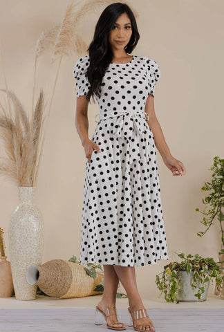 Puff Sleeve Polka Dot Cocktail Dress, Sizes 1X - 3X (Ivory)