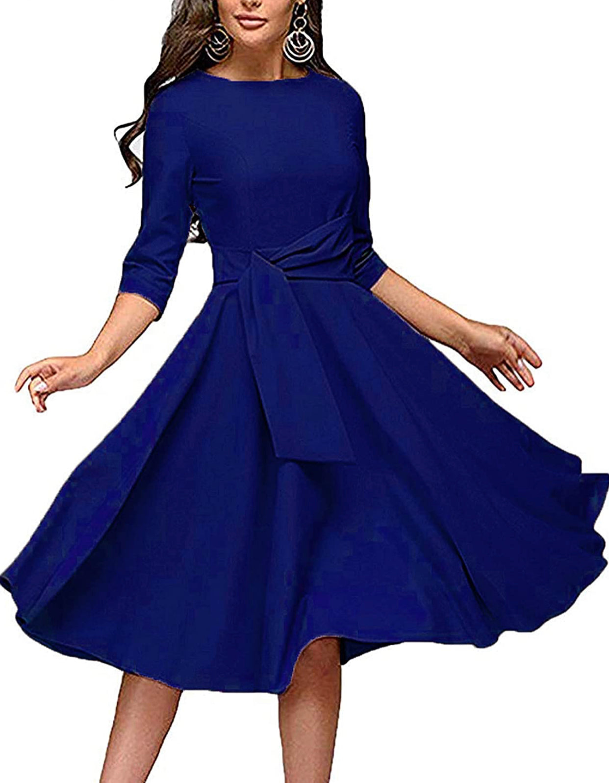 Elegant Audrey Hepburn Style Ruched 3/4 Sleeve Casual Swing A-line Dress (Royal Blue)