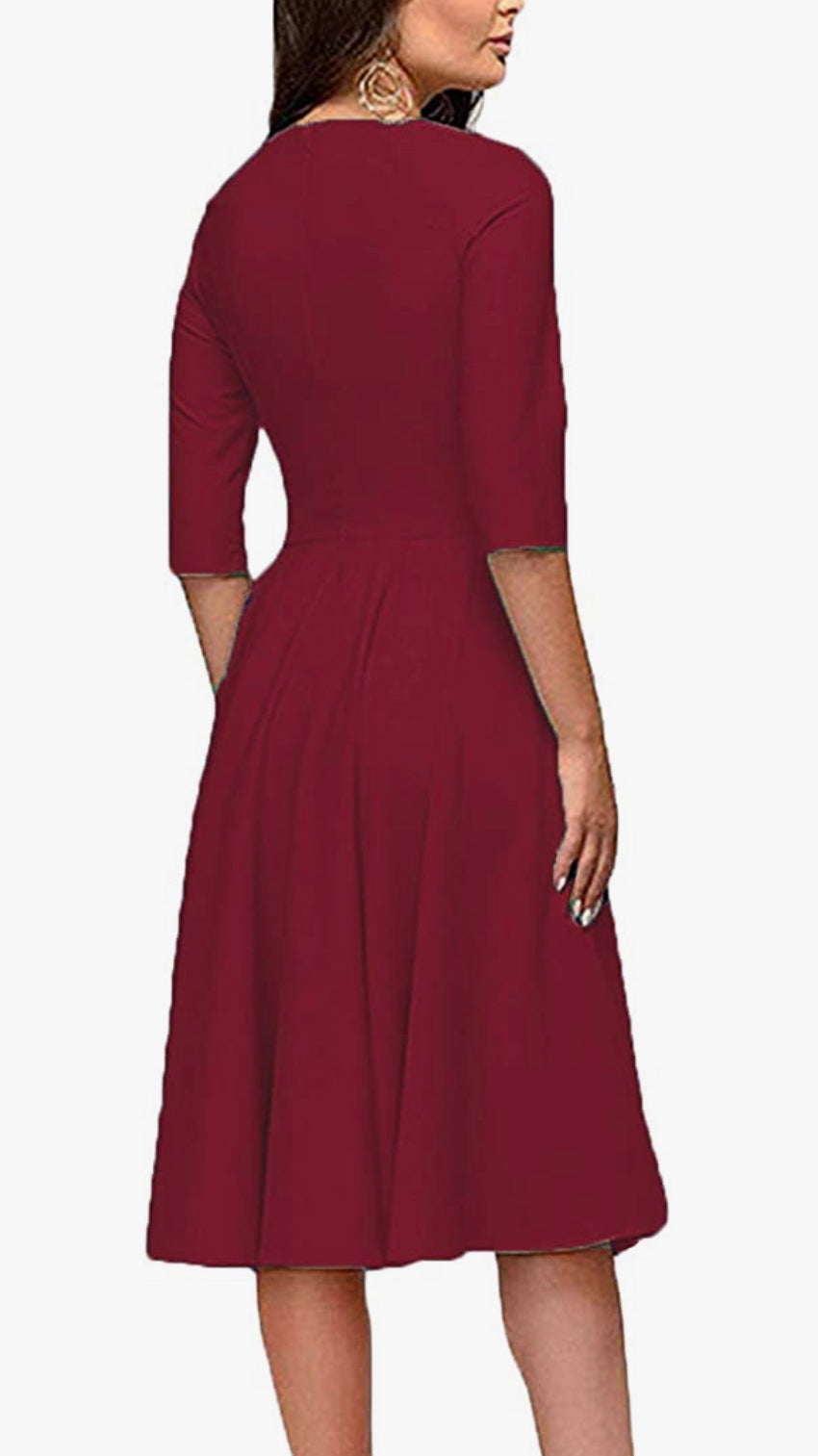 Elegant Audrey Hepburn Style Ruched 3/4 Sleeve Casual Swing A-line Dress (Red)