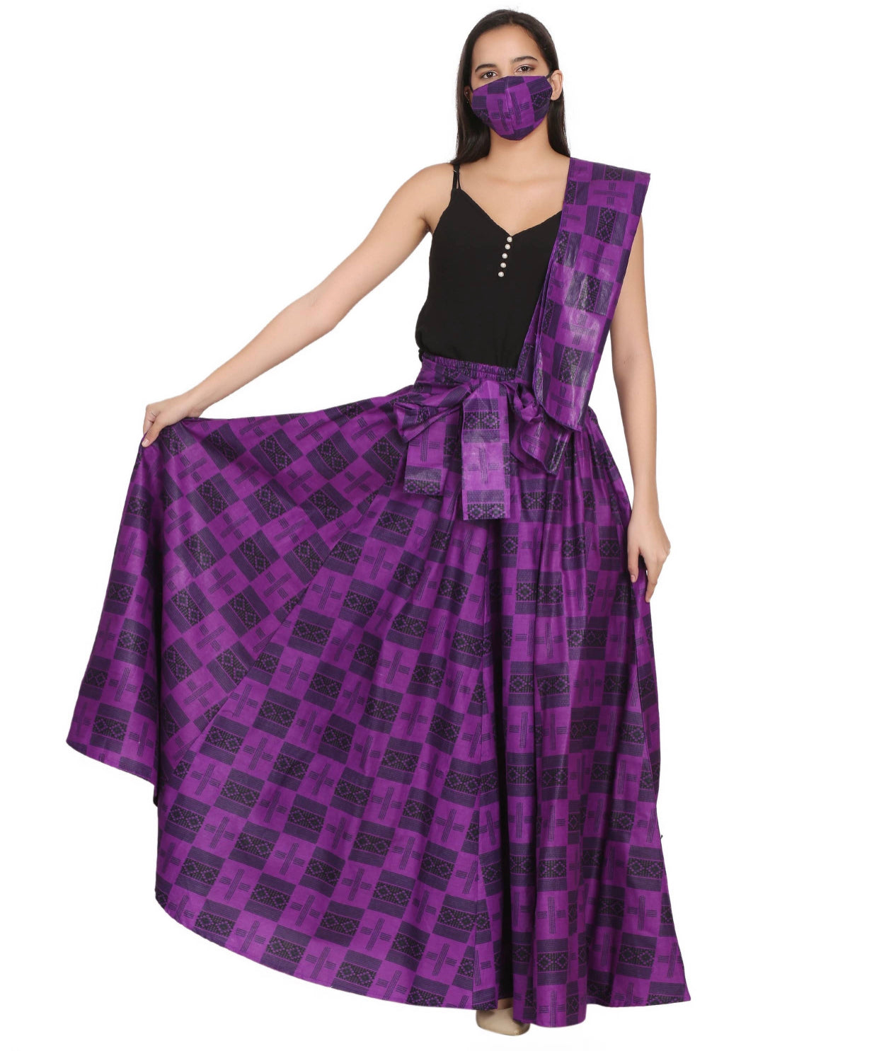 Hand Made African Print Full Skirt with Coordinating Head Wrap and Facemask (Purple and Black Squared)