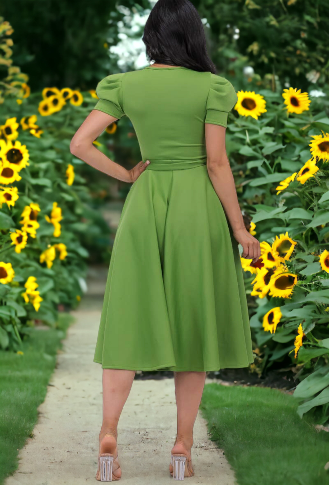 Puff Sleeve Cocktail Dress, Sizes 1X - 3X (Kelly Green)