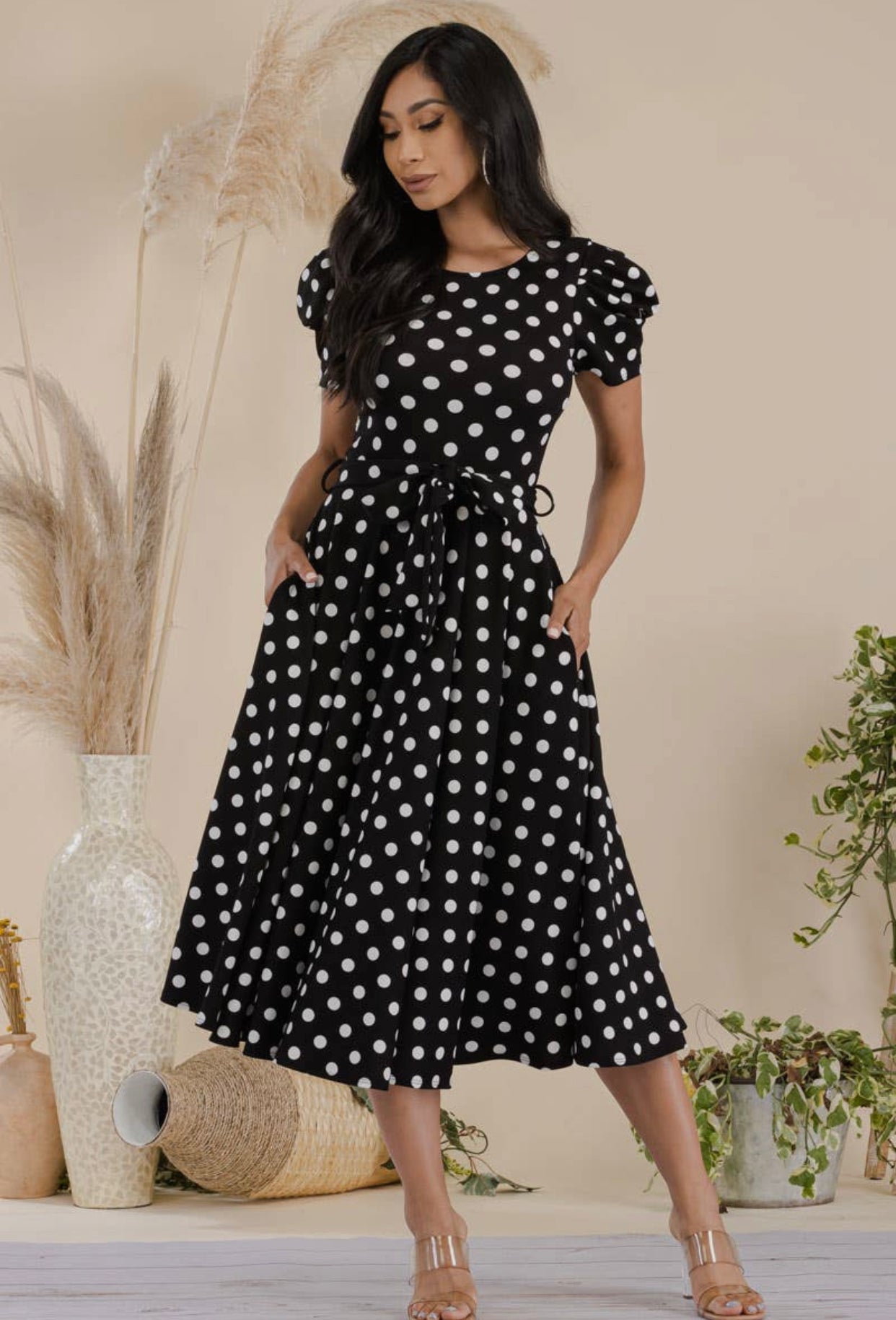 Puff Sleeve Polka Dot Cocktail Dress, Sizes 1X - 3X (Black)