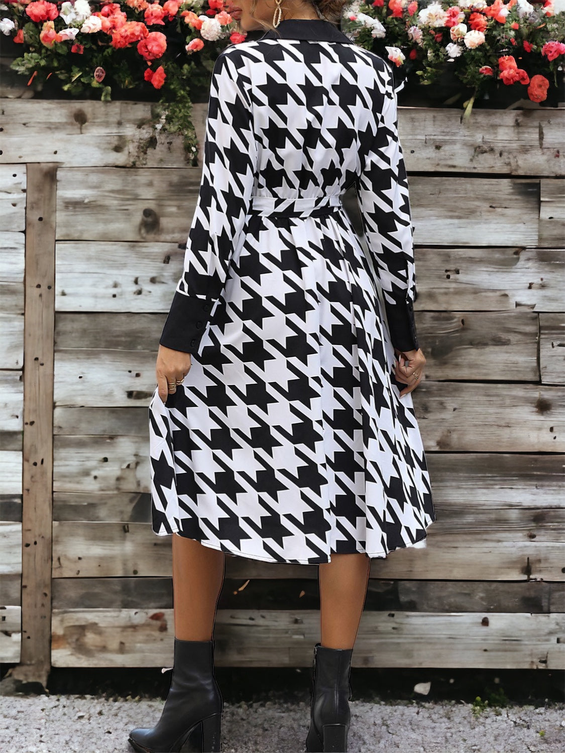 Houndstooth Johnny Collar Tie Waist Dress