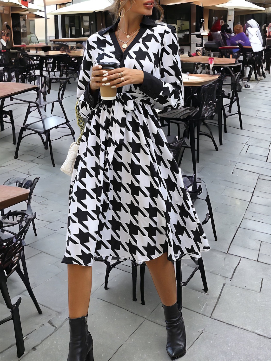 Houndstooth Johnny Collar Tie Waist Dress