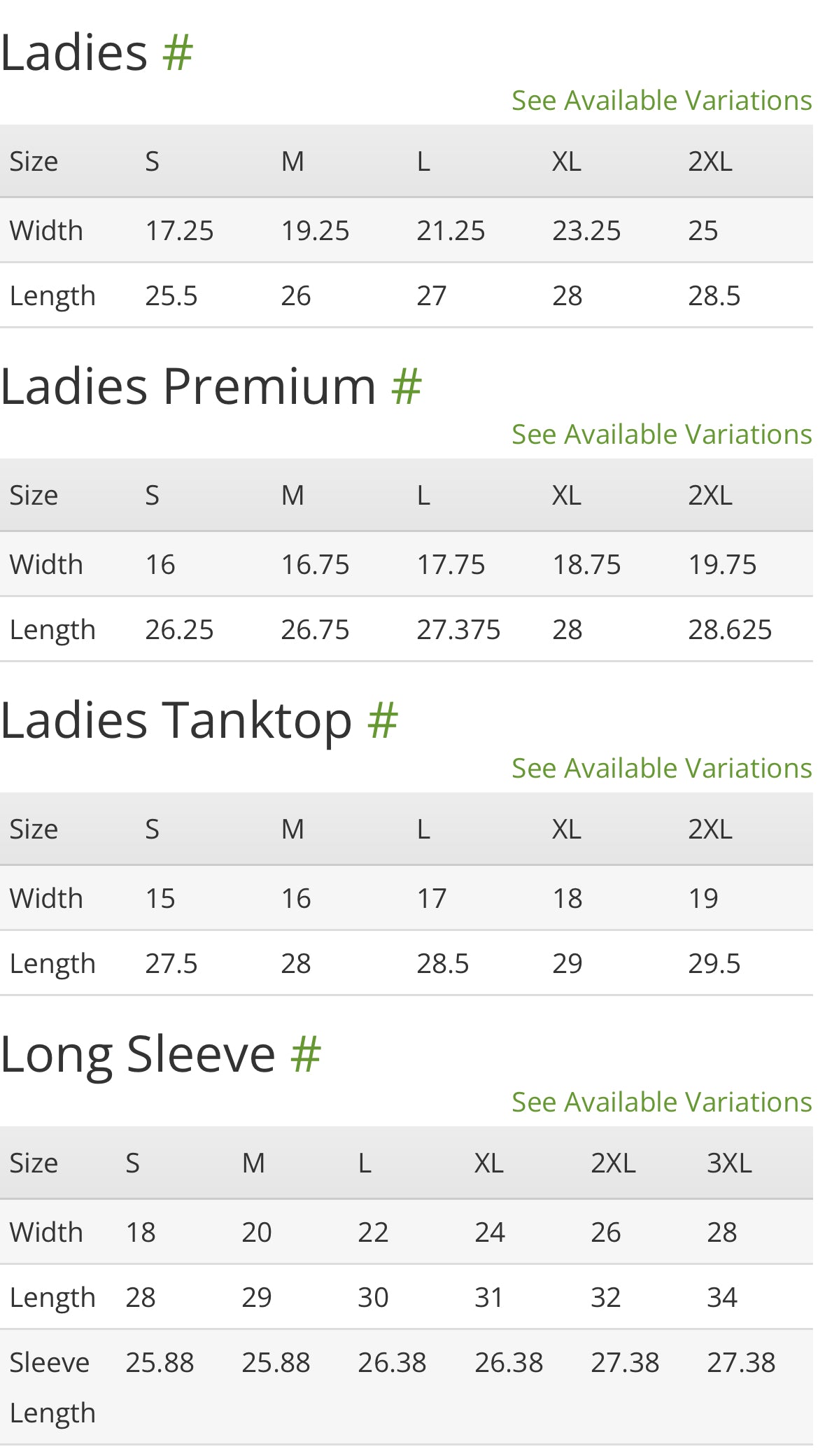 Size chart to purchase items on Uylee's Boutique