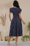 Puff Sleeve Polka Dot Cocktail Dress, Sizes 1X - 3X (Black)