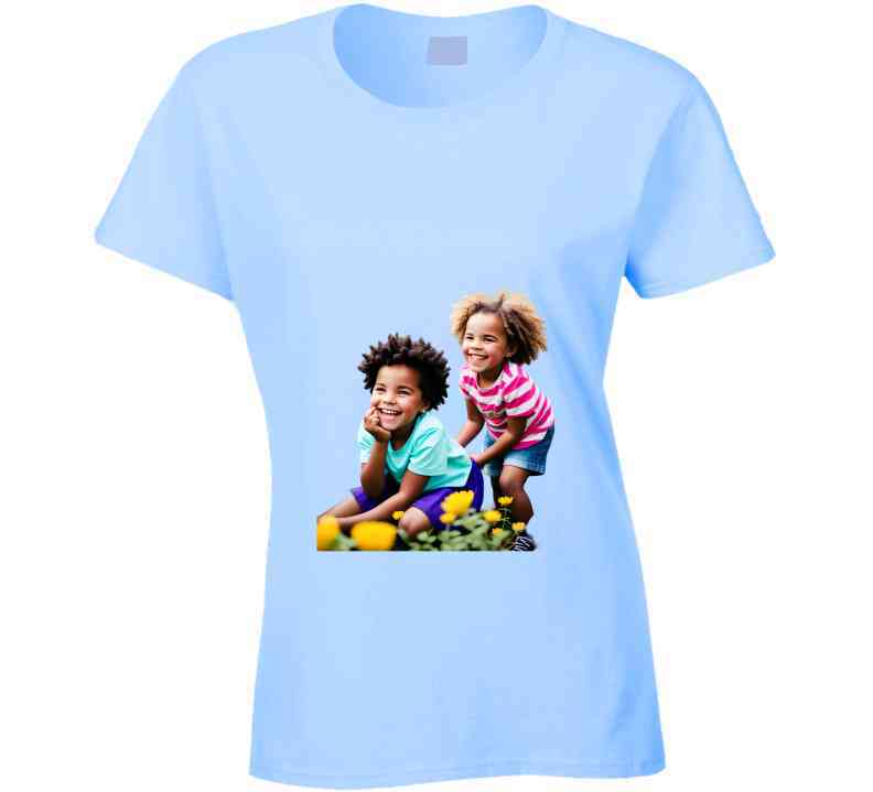 Sisters Playing In Flower Garden Ladies T Shirt