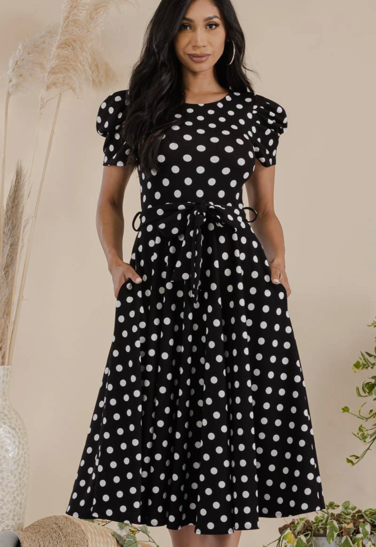 Puff Sleeve Polka Dot Cocktail Dress, Sizes 1X - 3X (Black)